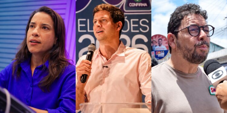 Os candidatos ao Governo de Pernambuco: Raquel Lyra (PSD), João Campos (PSB) e Ivan Moraes (PSOL)