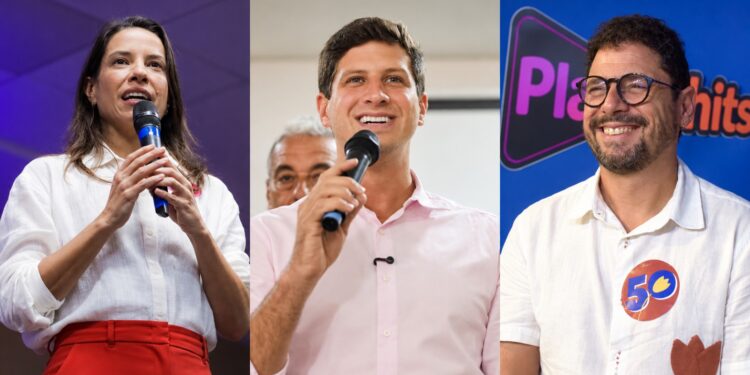 Os candidatos ao Governo de Pernambuco: Raquel Lyra (PSD), João Campos (PSB) e Ivan Moraes (PSOL)