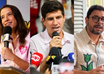 Os candidatos ao Governo de Pernambuco: Raquel Lyra (PSD), João Campos (PSB) e Ivan Moraes (PSOL)