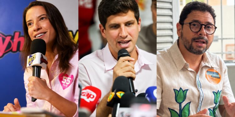 Os candidatos ao Governo de Pernambuco: Raquel Lyra (PSD), João Campos (PSB) e Ivan Moraes (PSOL)
