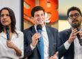 Os candidatos ao Governo do Estado: Raquel Lyra (PSD), João Campos (PSB) e Ivan Moraes (PSOL)