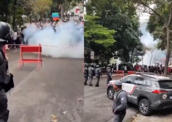 Manifestantes de esquerda protestaram contra Tarcísio de Freitas nas proximidades do ato de Flávio Bolsonaro, realizado nesta segunda-feira (7), em São Paulo
