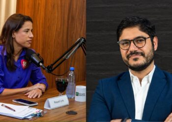 Raquel Lyra, candidata à reeleição pelo PSD e o jornalista Wilson Lima, do Portal O Antagonista