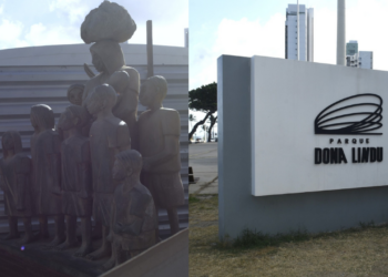 Monumento aos Retirantes, no Parque Dona Lindu, protegido por tapumes. Foto: @fotogenivalpaparazzi