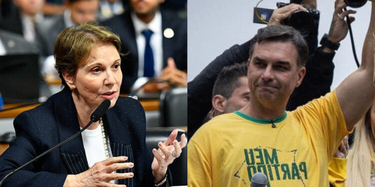 A senadora Tereza Cristina e candidato a presidente do Brasil Flávio Bolsonaro (PL) (esq. p/ dir.)