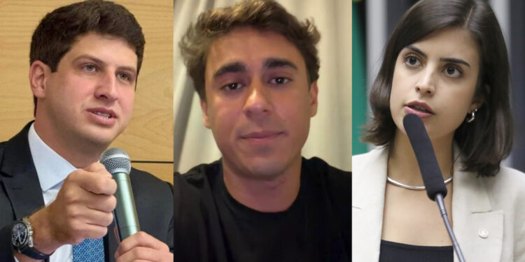 João Campos (PSB), Nikolas Ferreira (PL-MG) e Tabata Amaral (PSB-SP) (esq. p/ dir.)