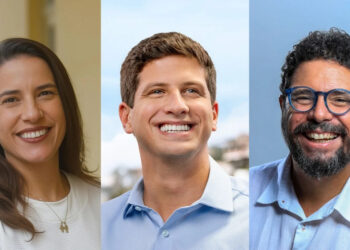 Os candidatos ao Governo de Pernambuco: Raquel Lyra (PSD), João Campos (PSB) e Ivan Moraes (PSOL)