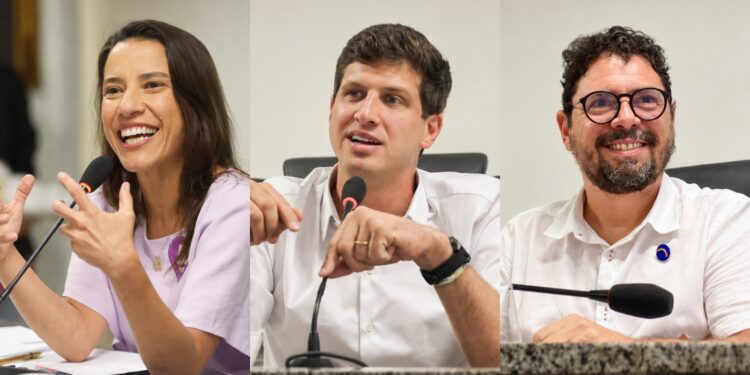 Os candidatos ao Governo de Pernambuco: Raquel Lyra (PSD), João Campos (PSB) e Ivan Moraes (PSOL)