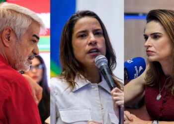 O senador Humberto Costa (PT), a governadora Raquel Lyra (PSD) e Marília Arraes (PDT)