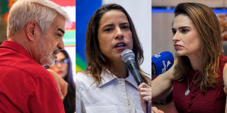 O senador Humberto Costa (PT), a governadora Raquel Lyra (PSD) e Marília Arraes (PDT)