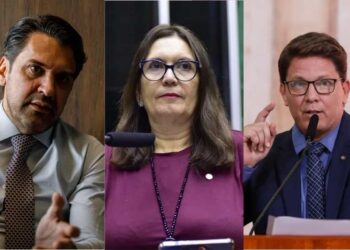 Isnaldo Bulhões (MDB-AL),  Bia Kicis (PL) e Mario Frias (PL-SP) [da esq. p/ dir.]